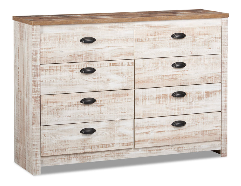 Ensemble de chambre à coucher Kaia 5 pièces avec lit à panneau, commode et miroir, blanchi - format très grand lit
