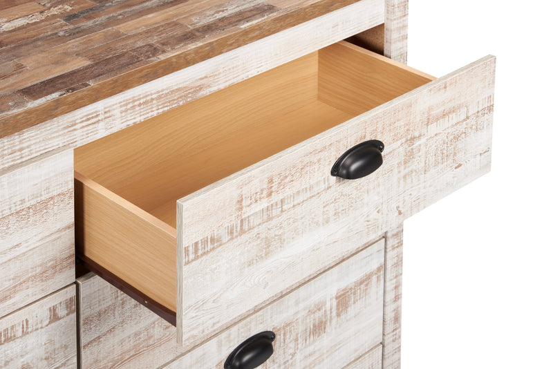 Ensemble de chambre à coucher Kaia 5 pièces avec lit à panneau, commode et miroir, blanchi - format grand lit