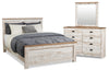 Ensemble de chambre à coucher Kaia 5 pièces avec lit à panneau, commode et miroir, blanchi - format très grand lit
