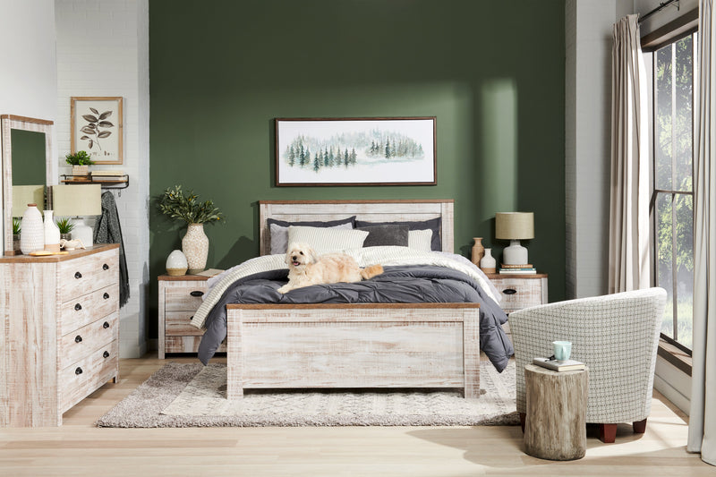 Ensemble de chambre à coucher Kaia 5 pièces avec lit à panneau, commode et miroir, blanchi - format grand lit