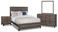 Ensemble de chambre à coucher Kate 6 pièces avec lit, commode, miroir et table de nuit, gris-brun - format très grand lit