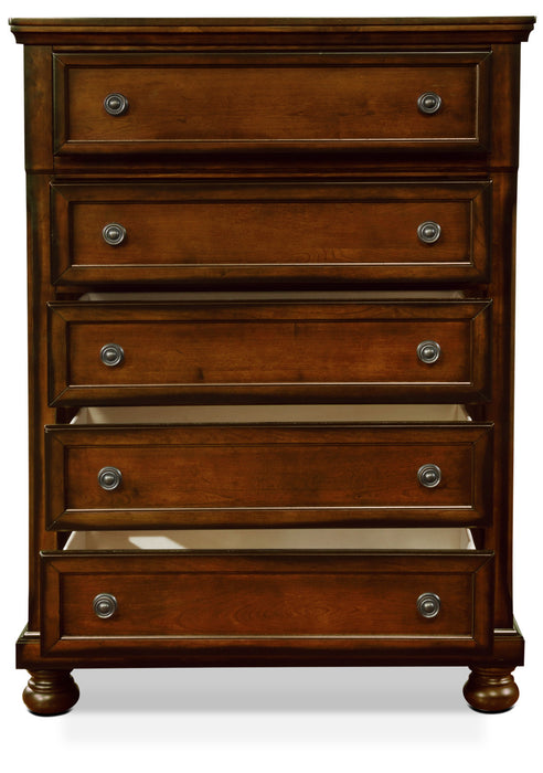 Commode verticale Chelsea de 38 po (L) x 52 po (H) à 5 tiroirs pour la chambre à coucher - brun cerisier