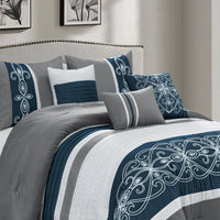 Ensemble d'édredon Ohio 7 pièces pour très grand lit - bleu marine et gris