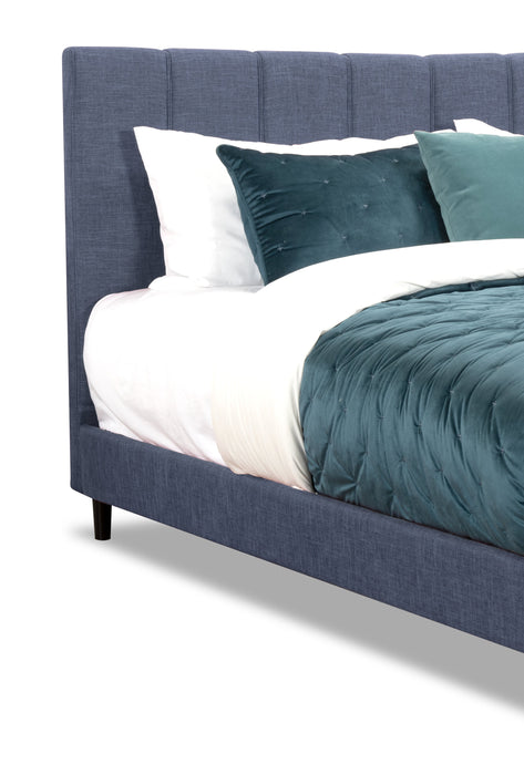 Lit plateforme rembourré Paseo en tissu bleu marine - format très grand lit