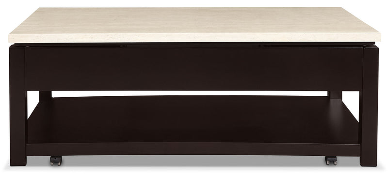 Table à café moderne Sicily de 48 po avec dessus relevable, rangement, tablette et roulettes - base brun foncé avec en imitation de marbre beige