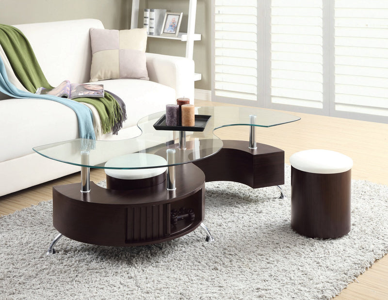 Ensemble 3 articles modernes en forme de S Savon de 52,5 po (table à café et 2 poufs) avec rangement et tablette - bois noyer foncé et chrome 