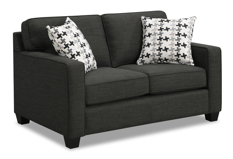 Causeuse Sawyer de 57 po fabriquée au Canada en tissu d’apparence lin avec coussins réversibles et coussins décoratifs - gris anthracite