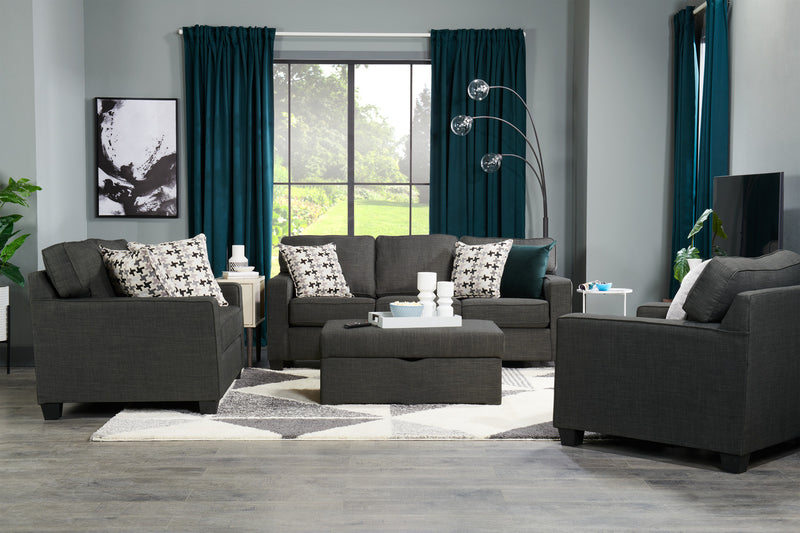 Causeuse Sawyer de 57 po fabriquée au Canada en tissu d’apparence lin avec coussins réversibles et coussins décoratifs - gris anthracite