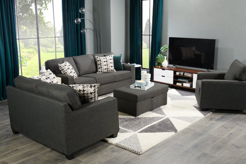 Sofa Sawyer de 79 po fabriqué au Canada en tissu d’apparence lin avec coussins réversibles et coussins décoratifs - gris anthracite