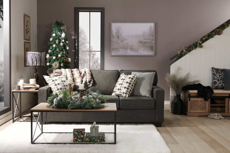 Sofa Sawyer de 79 po fabriqué au Canada en tissu d’apparence lin avec coussins réversibles et coussins décoratifs - gris anthracite