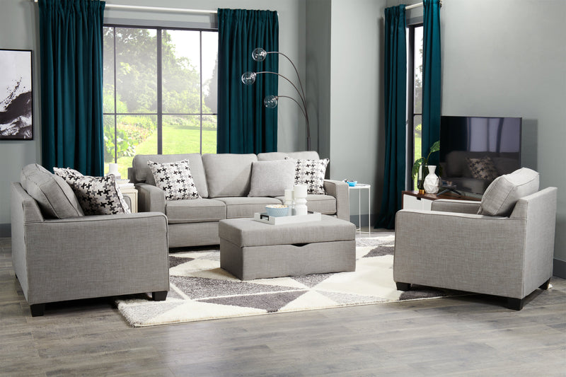 Sofa Sawyer de 79 po fabriqué au Canada en tissu d’apparence lin avec coussins réversibles et coussins décoratifs - gris clair