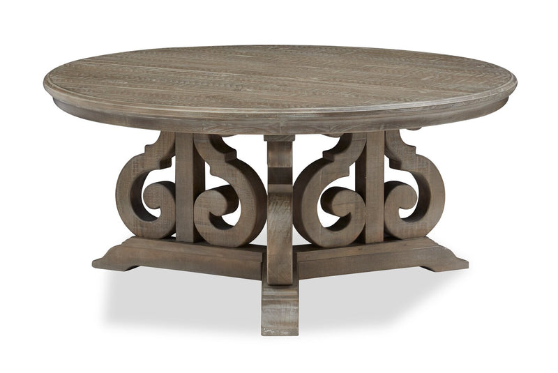 Table à café ronde traditionnelle Tinley Park de 40 po - pin gris-brun avec base à volutes