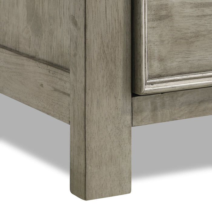 Ensemble de chambre à coucher Levi 5 pièces en bois avec lit de rangement, commode et miroir, gris bois de grève - format grand lit