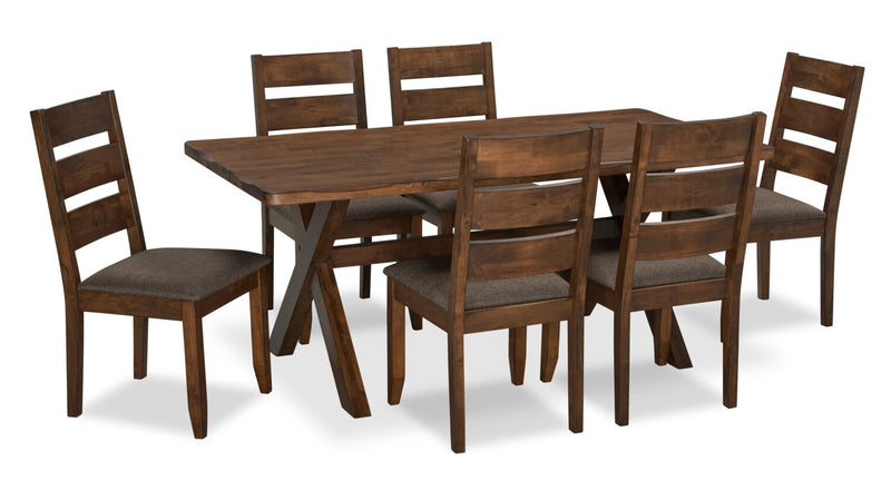 Ensemble de salle à manger Plum 7 pièces en bois avec table de 70,75 po (L), apparence de bordures Live Edge et 6 chaises - brun muscade