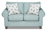 Causeuse Scarlett de 64 po fabriquée au Canada en tissu de chenille avec accoudoirs enroulés et coussins décoratifs - bleu marine