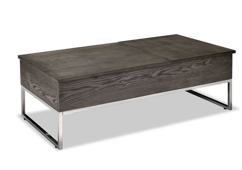 Table à café moderne Echo de 47,25 po avec dessus relevable et rangement - brune avec pattes en métal argenté