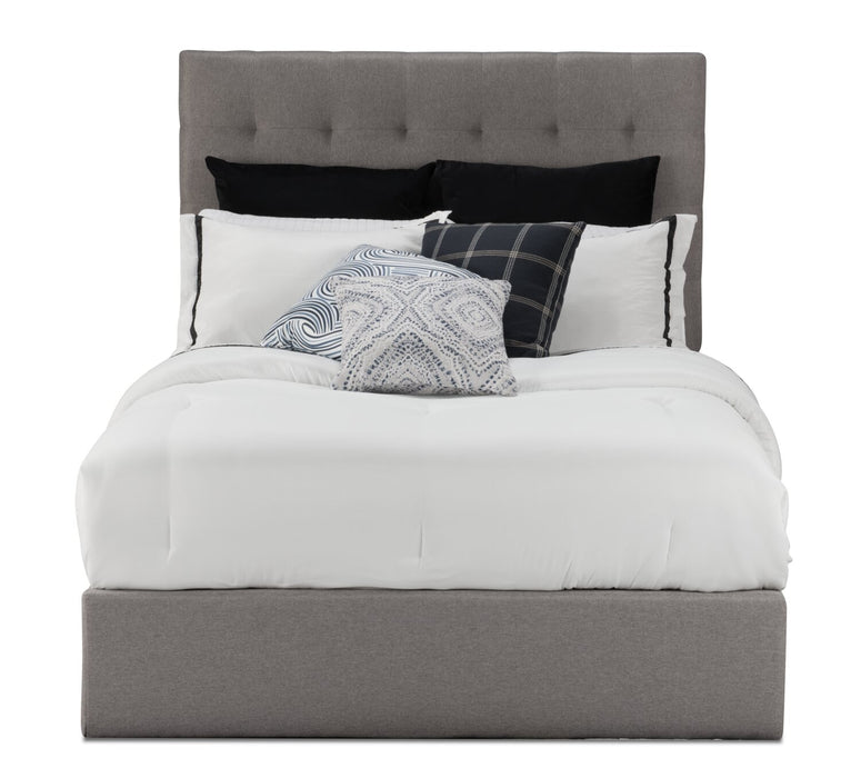 Lit plateforme rembourré Jace en tissu taupe capitonné avec rangement - format lit double
