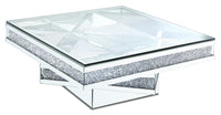 Table à café somptueuse Rosie de 39 po avec dessus en miroir et en verre - métal argenté avec pattes à apparence de diamant