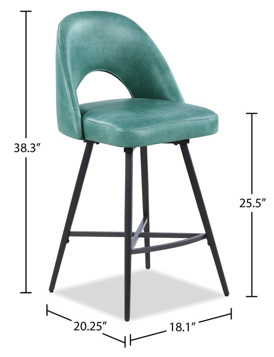 Tabouret 25.5 po H Bay de Kort & Co. de hauteur comptoir en tissu de cuir végétalien et en métal avec siège pivotant - turquoise