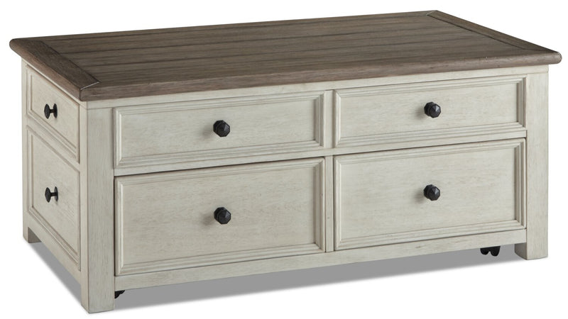 Table à café rustique Colby de 46 po avec dessus relevable, rangement et roulettes - bois deux teintes