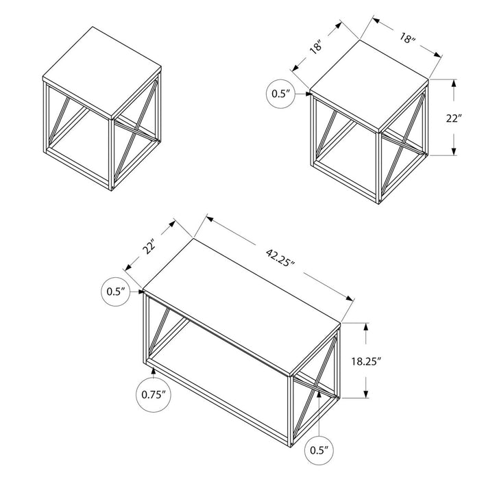 Ensemble 3 tables modernes Kasey de 42,25 po (table à café et 2 tables de bout) - imitation de marbre blanc avec base en métal gris