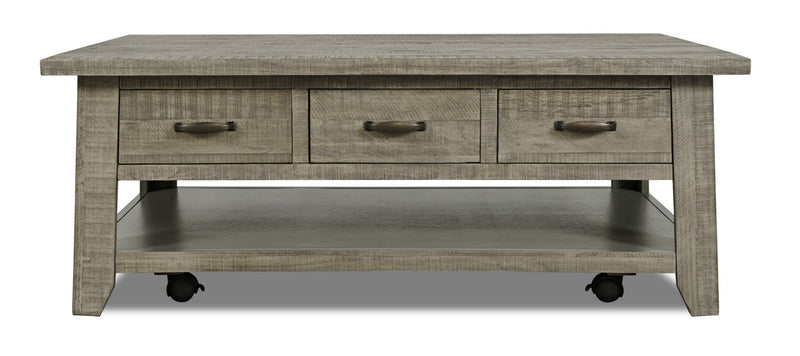 Table à café rustique Colson de 50 po avec rangement, tablette et roulettes - bois de grève 