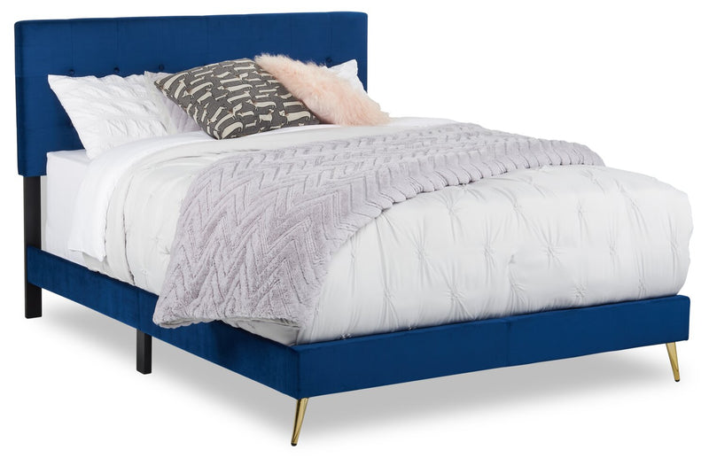 Lit rembourré Gabi en tissu de velours bleu avec pattes au fini doré et capitonnage à boutons - format très grand lit