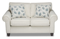 Causeuse Scarlett de 64 po fabriquée au Canada en tissu de chenille avec accoudoirs enroulés et coussins décoratifs - beige écru