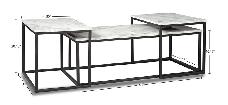 Ensemble 3 tables modernes Donnesta de 46 po (table à café et 2 tables de bout) - imitation de marbre avec armature en métal noir