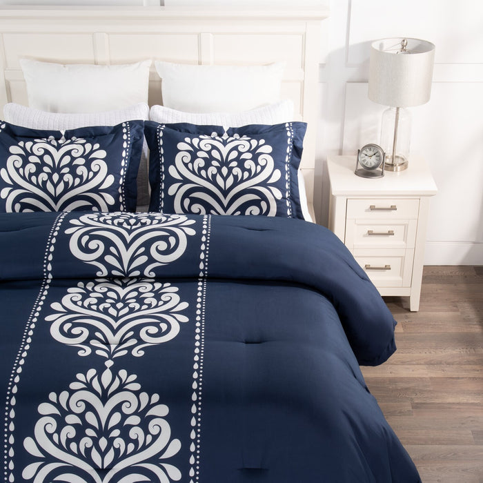 Ensemble d'édredon Navy Damask 3 pièces pour très grand lit