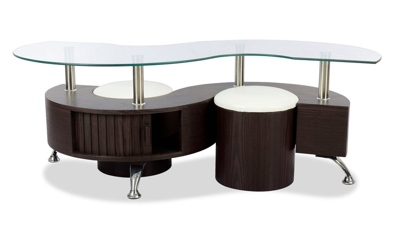 Ensemble 3 articles modernes en forme de S Savon de 52,5 po (table à café et 2 poufs) avec rangement et tablette - bois noyer foncé et chrome 