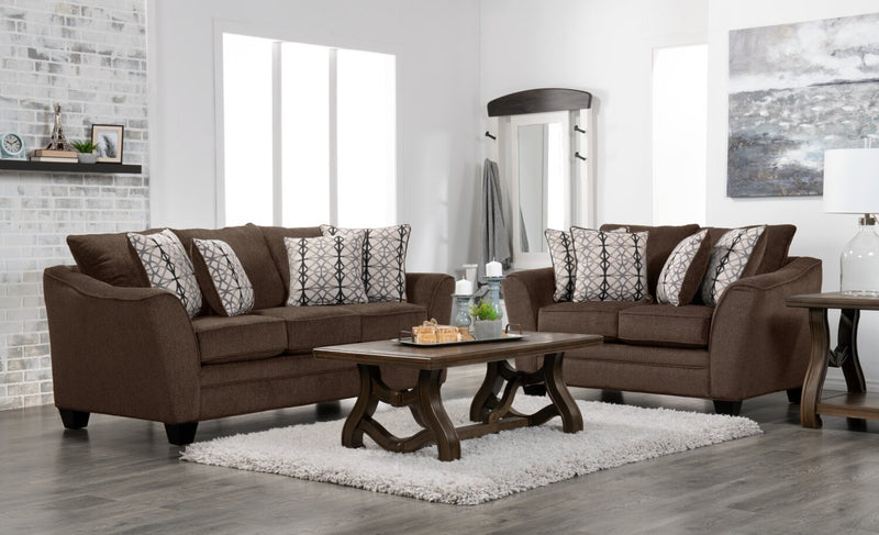 Sofa Febe de 85 po de format condo fabriqué au Canada en tissu de chenille avec accoudoirs évasés et coussins décoratifs - brun