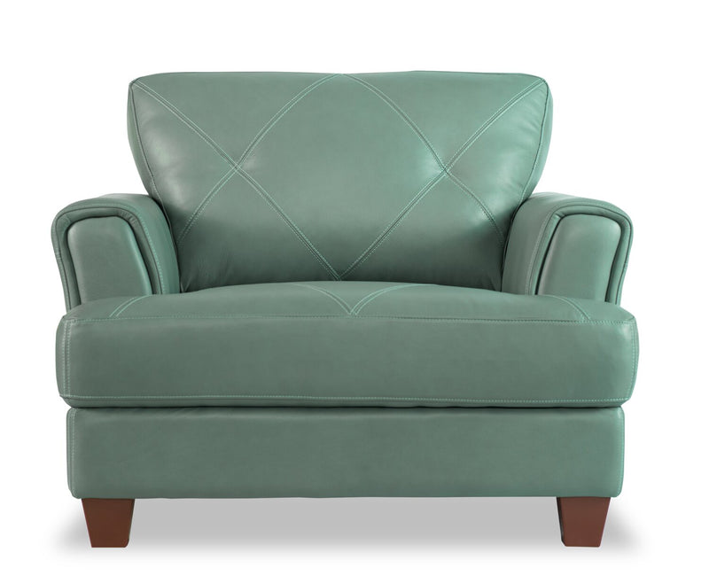 Fauteuil Vita de Château d’Ax de 44 po en cuir 100 % véritable avec coutures à motif de diamant et pattes en bois - vert écume de mer