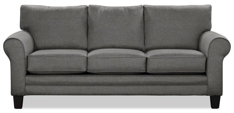 Sofa Tula de 88 po fabriqué au Canada en tissu avec accoudoirs enroulés et coussins décoratifs - gris acier