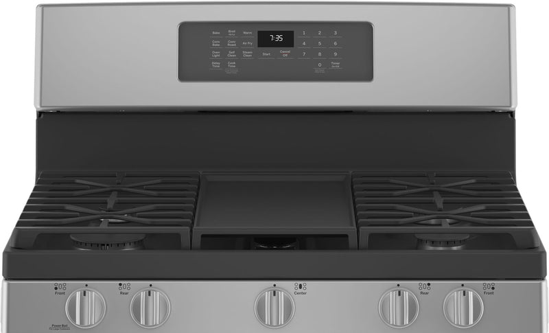 Cuisinière à gaz GE de 5 pi³ avec autonettoyage et friture à air - acier inoxydable - JCGB735SPSS