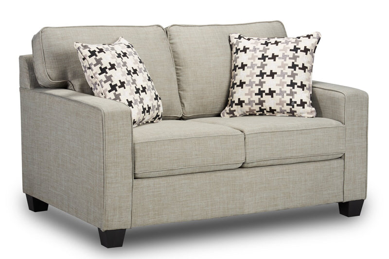 Causeuse Sawyer de 57 po fabriquée au Canada en tissu d’apparence lin avec coussins réversibles et coussins décoratifs - gris clair