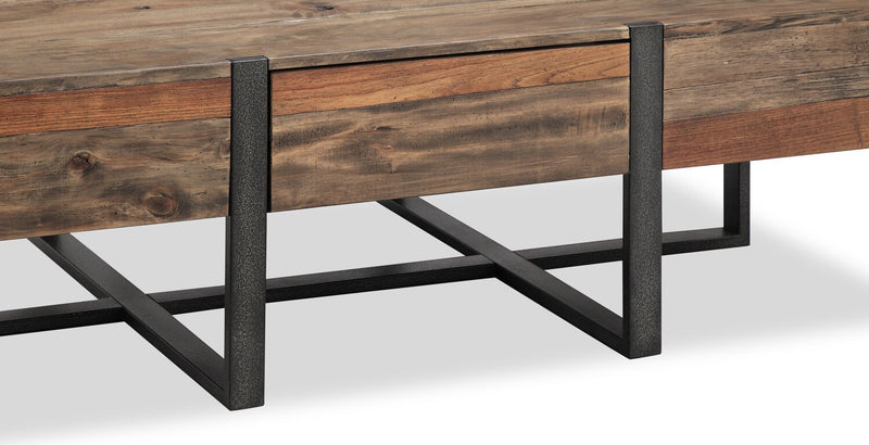Table à café rustique Manchester de 54 po avec rangement - bois brun avec base en fer