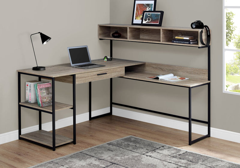 Bureau en coin en forme de L Oaklee de 59 po avec crédence - taupe foncé 