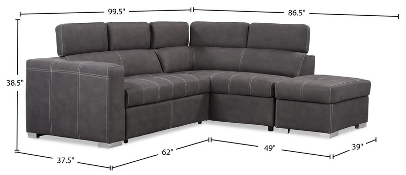 Sofa-lit sectionnel de droite Drake 3 pièces en tissu de suédine avec pouf de rangement - gris ciment