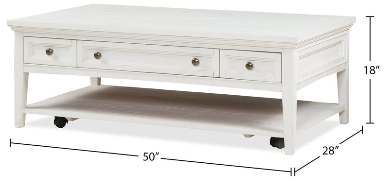 Table à café traditionnelle Heron Cove de 50 po avec rangement, tablette et roulettes - pin blanc