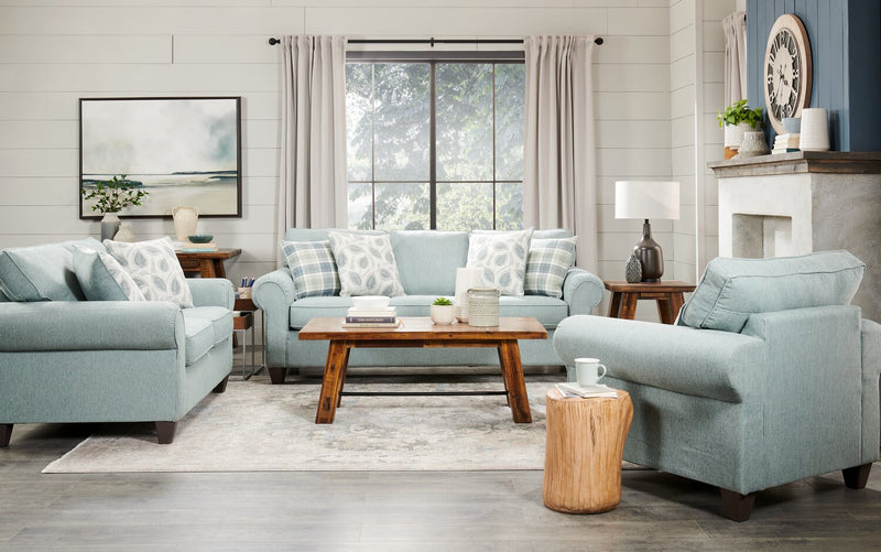 Fauteuil Scarlett de 41,5 po fabriqué au Canada en tissu de chenille avec accoudoirs enroulés et coussin décoratif - bleu marine