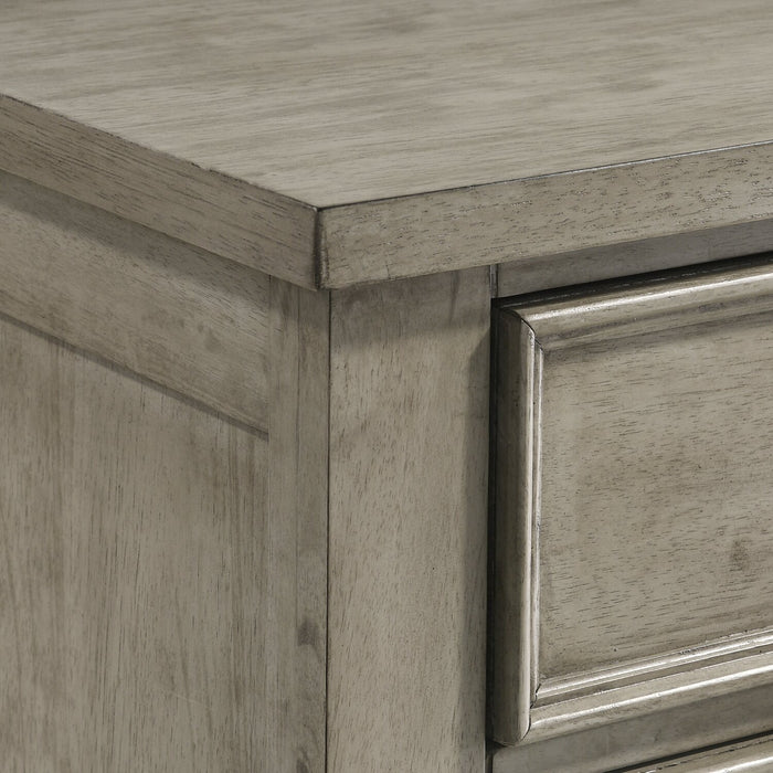 Ensemble de chambre à coucher Levi 5 pièces en bois avec lit de rangement, commode et miroir, gris bois de grève - format grand lit