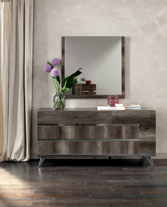 Ensemble de chambre à coucher Gino 6 pièces avec lit à panneaux, commode, miroir et table de nuit - fabriqué en Italie, moderne, brun - format très grand lit