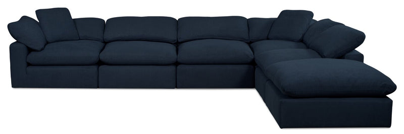 Sofa sectionnel modulaire de style cocon Eclipse 6 pièces en tissu d’apparence lin avec coussins réversibles en duvet et plumes - bleu marine