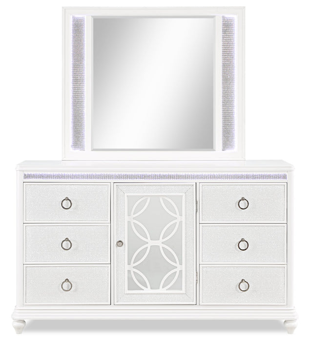 Commode somptueuse Ava de 67 po (L) x 39 po (H) à 7 tiroirs avec éclairage à DEL pour la chambre à coucher - blanche