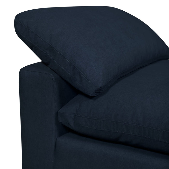 Sofa sectionnel modulaire Eclipse 4 pièces en tissu d’apparence lin avec pouf et coussins réversibles en duvet et plumes - bleu marine