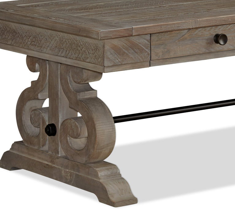 Table à café traditionnelle Tinley Park de 50 po avec rangement et tablette - pin gris-brun avec base à volutes