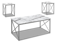 Ensemble 3 tables modernes Kasey de 42,25 po (table à café et 2 tables de bout) - imitation de marbre blanc avec base en métal gris
