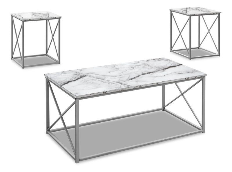 Ensemble 3 tables modernes Kasey de 42,25 po (table à café et 2 tables de bout) - imitation de marbre blanc avec base en métal gris