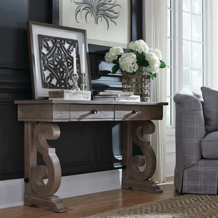 Table de salon traditionnelle Tinley Park de 50 po avec rangement - pin gris-brun avec base à volutes